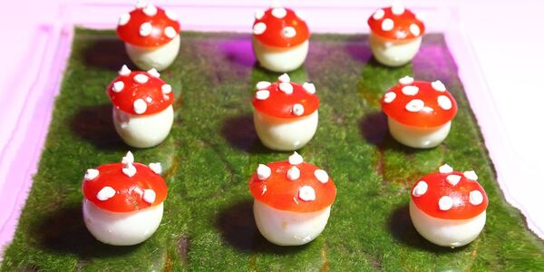 Presentation photograph of "Mushroom Kingdom inspired" deviled eggs