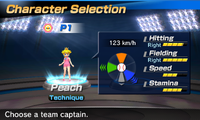 Princess Peach's stats in the baseball portion of Mario Sports Superstars