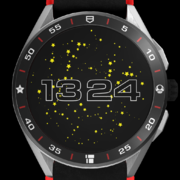 A watchface with the time centred on the screen, and many small 2D images of Super Stars and yellow dots floating around in the background