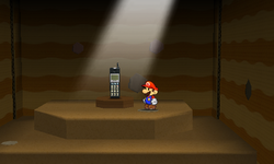 Mario near the Cell Phone Thing in Snow Rise of Paper Mario: Sticker Star.