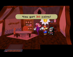 Mario getting 30 Coins from Mayor Dour in Twilight Town of Paper Mario: The Thousand-Year Door.
