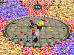 Mario, a human player against CPU players in Butterfly Blitz from Mario Party 4