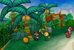 Mario finding Coconut in the first palm tree in the first scene of the Yoshi's Village of Paper Mario.