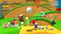 Mario throwing a baseball at Galoombas.