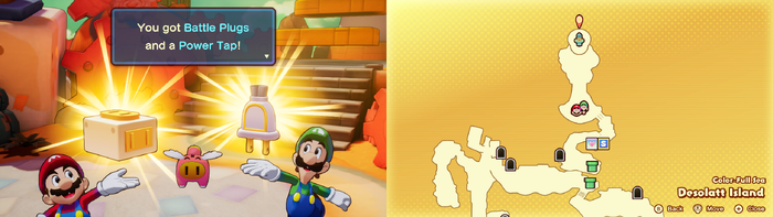 Mario and Luigi holding Battle Plugs and a Power Tap on Desolatt Island of Mario & Luigi: Brothership.