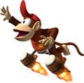 Concept artwork of Diddy Kong wearing jet bongos attached with star-logo wings, from Donkey Kong Barrel Blast