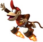 Concept artwork of Diddy Kong wearing jet bongos attached with star-logo wings, from Donkey Kong: Barrel Blast
