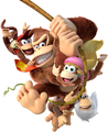 Donkey Kong swinging on a vine with Diddy Kong, Dixie Kong, and Cranky Kong