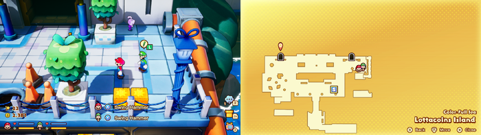 Mario and Luigi near wooden crates containing a Five Coin on Lottacoins Island of Mario & Luigi: Brothership.