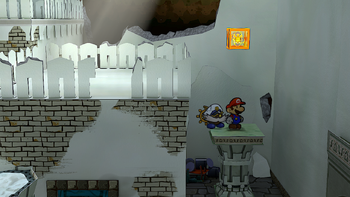 Mario next to the Shine Sprite on the roof of the rightmost column in the center room of level 1 of Rogueport Underground in the remake of the Paper Mario: The Thousand-Year Door for the Nintendo Switch.