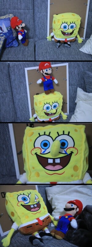 Four photographs are stacked in a vertical comic format. In the first, a plush of Mario is turned towards a plush of Spongebob, which is facing the camera. In the second, the Mario plush is on top of the Spongebob plush, with its feet on Spongebob's head. The third photo is zoomed in on the Spongebob plush's face, which has added blue streaks in the eyes to represent tears. In the fourth photo, the Mario and Spongebob plushes lie beside each other, both facing upwards.