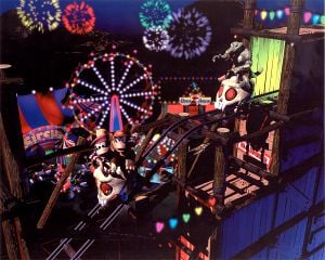 Artwork of Diddy Kong and Dixie Kong in Krazy Kremland, being chased by a Klomp on a Roller Coaster.