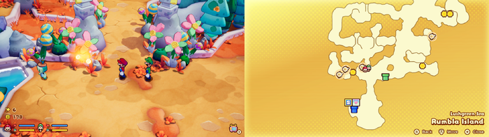 Mario and Luigi near a Sprite Bulb Nest on Rumbla Island of Mario & Luigi: Brothership.