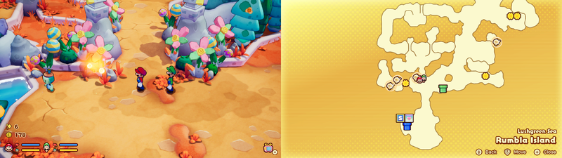 Mario and Luigi near a Sprite Bulb Nest on Rumbla Island of Mario & Luigi: Brothership.