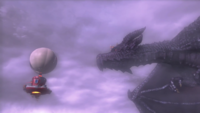 Bowser on the Ruined Dragon's head approaching the Odyssey in Super Mario Odyssey.