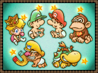 Baby Mario, Baby Luigi, Baby Peach, Baby Donkey Kong, Baby Wario, and Baby Bowser in a screenshot from Yoshi's Island DS.