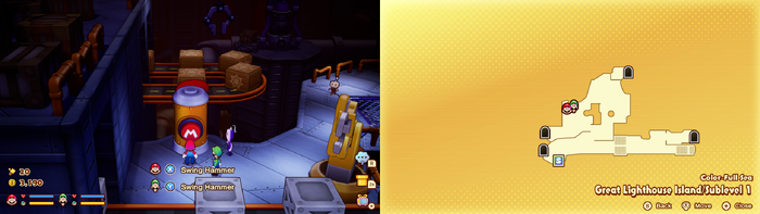 Mario and Luigi near a boxing glove machnie which is used to destroy wooden crates containing 1-Up Mushroom, 10-Coin and 50-Coin on Great Lighthouse Island of Color-Full Sea of Mario & Luigi: Brothership.