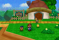 Mario finding a Coin in the first bush in Koopa Village of Paper Mario.