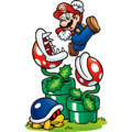 Mario jumping over Piranha Plants and a Buzzy Beetle