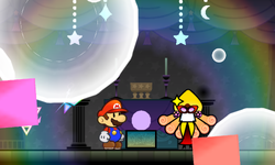 Mario receiving the Special Package of Merlee's charm from Super Paper Mario.
