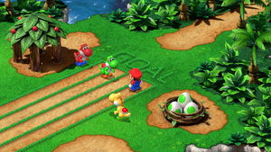 Yoshi giving Mario 3 Yoshi Cookies on Yo'ster Isle of Super Mario RPG.