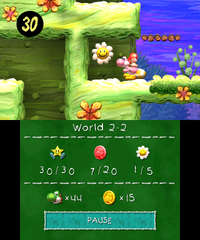 Smiley Flower 2: Found in a Winged Cloud behind a wall, to the left after Pink Yoshi has used the large Spring Ball to propel upward to higher ground.