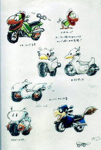Concept art of various bikes, including a prototype Magikruiser and Quacker from Mario Kart Wii