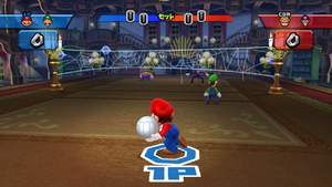Players playing Volleyball at Luigi's Mansion in Mario Sports Mix.