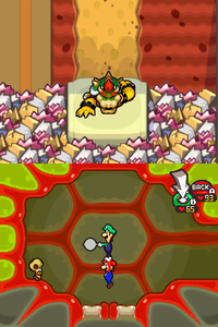 Mario and Luigi using the Drill Bros. move, Toadsworth watching, in the Lumbar Nook of Bowser's body with Bowser in Peach's Castle Garden