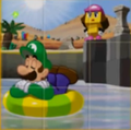 Britta overseeing Luigi relaxing on a tube in the water in Dozing Sands.