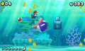 Mario swimming towards a P Switch, avoiding a Cheep Chomp and Cheep Cheeps.