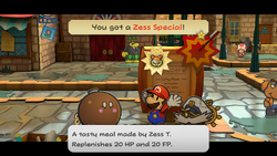 Mario getting a Zess Special from Lucky in Rogueport of Paper Mario: The Thousand-Year Door for Nintendo Switch.