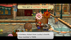 Mario getting a Lottery Ticket from Lucky in Rogueport of Paper Mario: The Thousand-Year Door for Nintendo Switch.