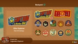 A screenshot of the badges on a Toad's backpack in the Toad Brigade Training Camp.