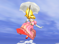 Peach floating with her parasol.