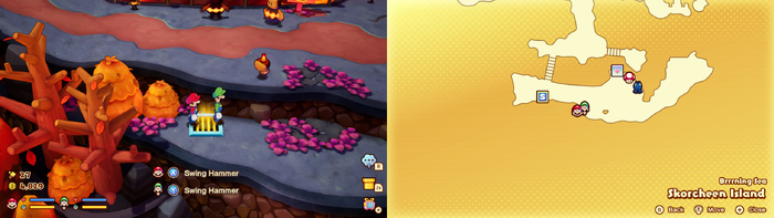 Mario and Luigi near a vent containing 30 Five Coins on Skorcheen Island of Mario & Luigi: Brothership.
