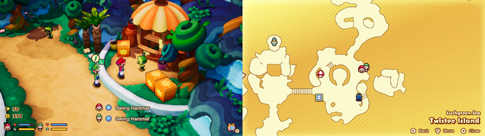 Mario and Luigi near wooden crates containing a Coin and a Five Coin on Twistee Island of Mario & Luigi: Brothership.