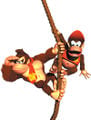 Alternate pose of Donkey and Diddy Kong on a rope.
