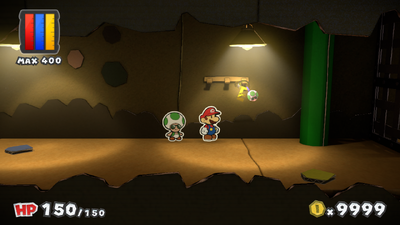 Mario near the Café Key in Mustard Café of Paper Mario: Color Splash.
