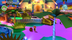 Mario standing near a vase containing a Big Bag of Confetti in Shroom City of The Origami King.
