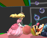 Princess Peach next to a peach behind Wario, after she uses Peach Blossom, in Super Smash Bros. Brawl