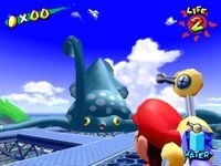 Mario battles Gooper Blooper in a pre-release version of Super Mario Sunshine.