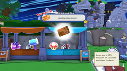 Mario being given the Membership Card by item shop shopkeeper in Shangri-Spa of The Origami King.