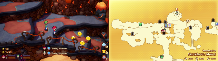 Mario and Luigi near 4 Coins on Skorcheen Island of Mario & Luigi: Brothership.