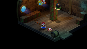 Mario finding a Mushroom in the first puzzle room of Sunken Ship of Super Mario RPG.