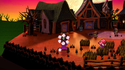 Mario getting the Superbombomb from a bush in Twilight Town of Paper Mario: The Thousand-Year Door for Nintendo Switch.