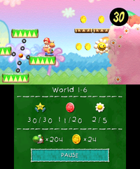 Smiley Flower 3: Held inside a Winged Cloud next to the third Paddle Platform. Orange Yoshi has to hit the cloud to reveal the flower.