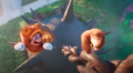 Tanooki Mario and Donkey Kong climbing up a large ball and chain in The Super Mario Bros. Movie