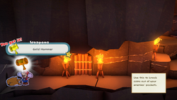 Mario being given a Gold Hammer by a Monty Mole in Breezy Tunnel of The Origami King.