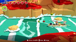 Mario near the first of ten Healing Hearts in Eddy River of The Origami King.